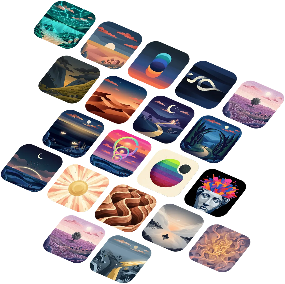 A tilted grid of nineteen painterly practice artworks — moonlit dunes, a paper boat at dusk, a sun over lavender fields, an underwater reef.