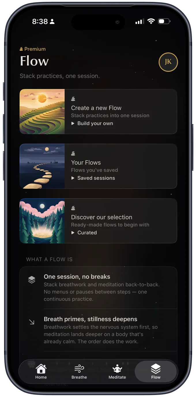 The Flow tab on iPhone — cards for creating a new Flow, saved Flows, and curated selections.