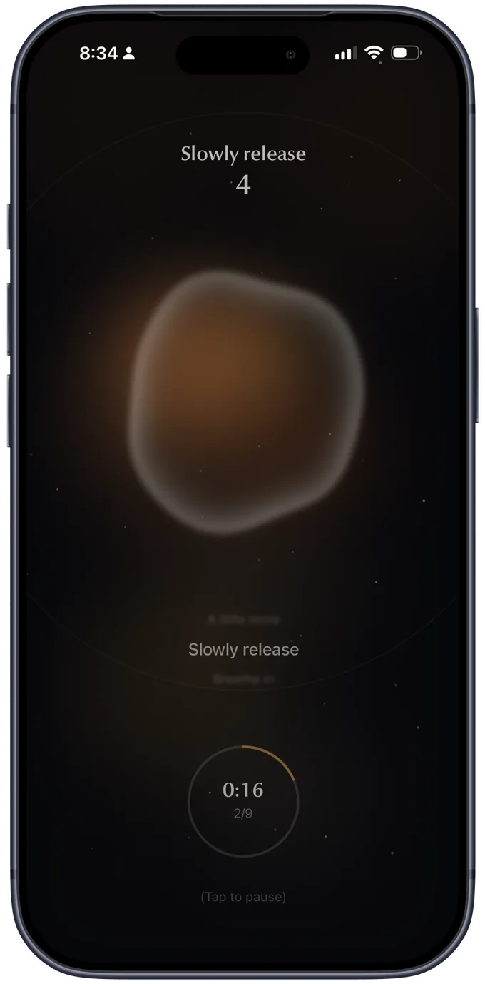 The Ground session on iPhone — a soft warm orb mid-exhale, the phase label 'Slowly release', and a quiet progress ring reading 0:16.