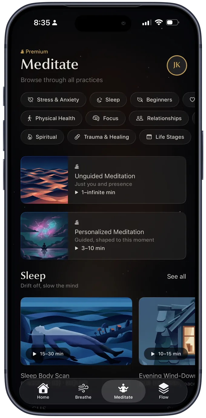 The Meditate tab on iPhone — branch chips like Stress & Anxiety and Sleep, with cards for Unguided and Personalized Meditation.